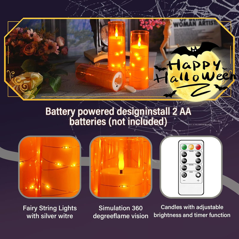 Orange LED Flameless Pillar Candles with Timer and Remote, Set of 7