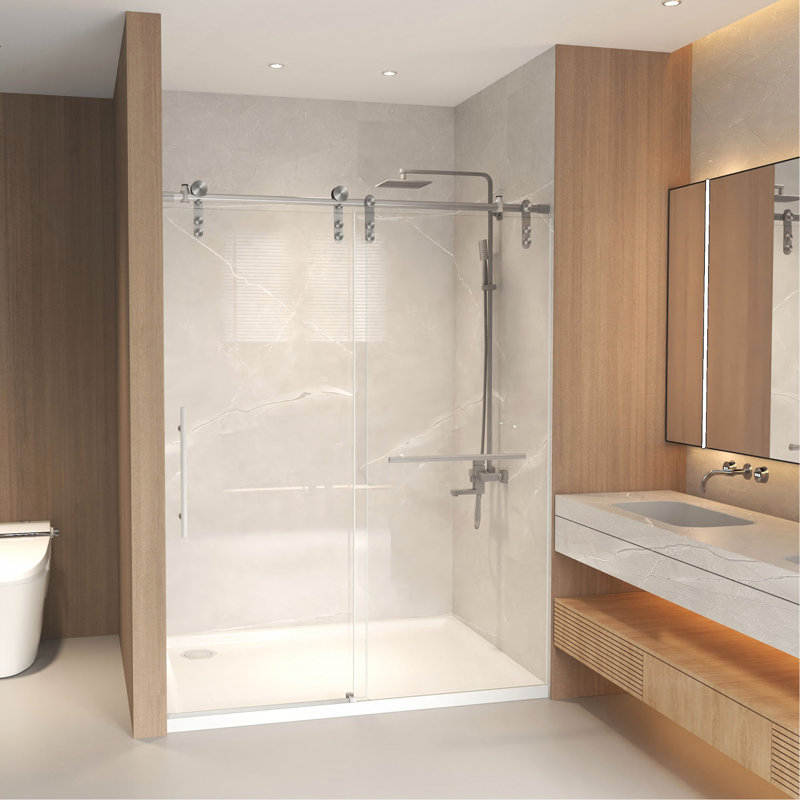 Porte de douche coulissante sans cadre de l 44 à 48 po x H 76 po, verre trempé transparent nickel brossé 5/16 po (8 mm)