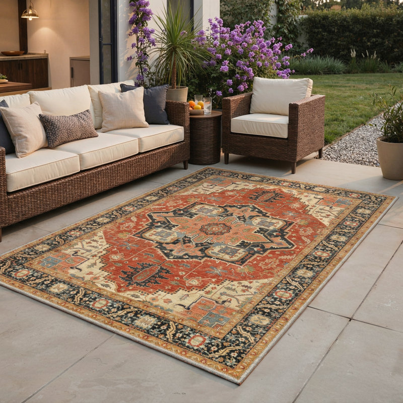 Alhambra Vintage Floral Machine Washable Terracotta / Charcoal / Beige Indoor Area Rug with Non-Slip Backing, Round 5'