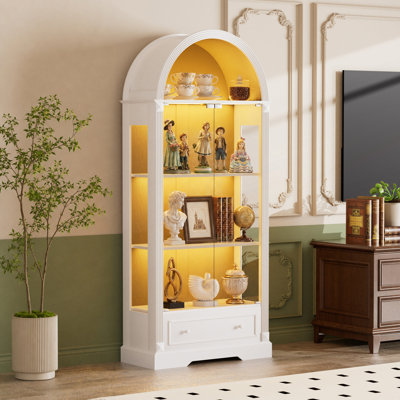 Vitrine arquée, armoire de rangement de cuisine avec portes en verre, bandes lumineuses à DEL et tiroirs