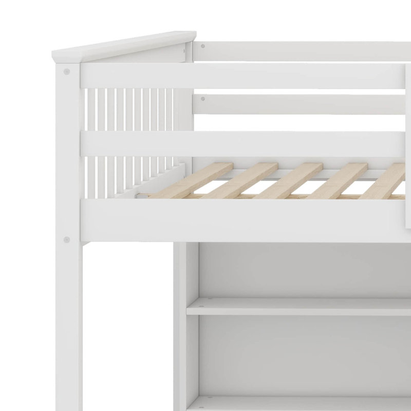 Solid Wood Full Size Loft Bed With 8 Open Storage Shelves, Built-In Ladder And Full-Length Guardrails, Antique White