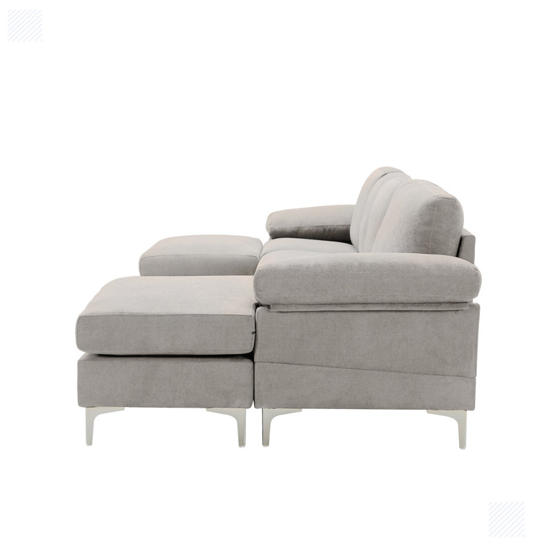 Upholstered U-Shaped Sectional Symmetrical, Light Gray Polyester Blend