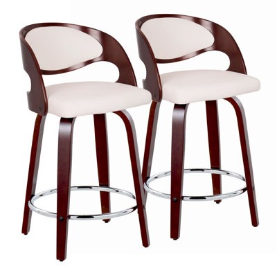 Tabouret de comptoir moderne pivotant en bois de cerisier et similicuir blanc 24 po Pino par Lumisource
