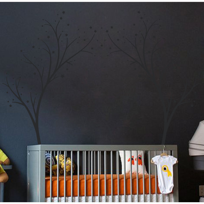 Décalcomanie murale arbres étoiles, H 60 po x l 74 po x P 0,01 po, Noir