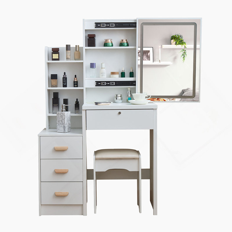 Bureau de coiffeuse avec miroir coulissant et lumières, ensemble de coiffeuse à maquillage avec 4 tiroirs, tabouret, prise de courant, tablettes ouvertes, 3 modes d'éclairage réglables en couleur, coiffeuse à maquillage pour la chambre à coucher