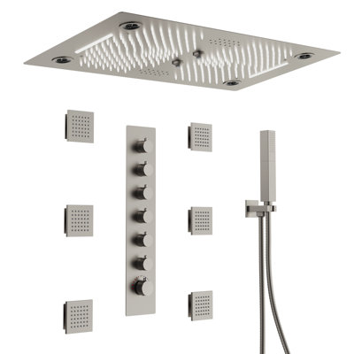 Système de douche thermostatique à DEL de 71 cm (28 po) à montage au plafond, avec pommeau de douche à 4 modes, 6 jets corporels et douchette à main.