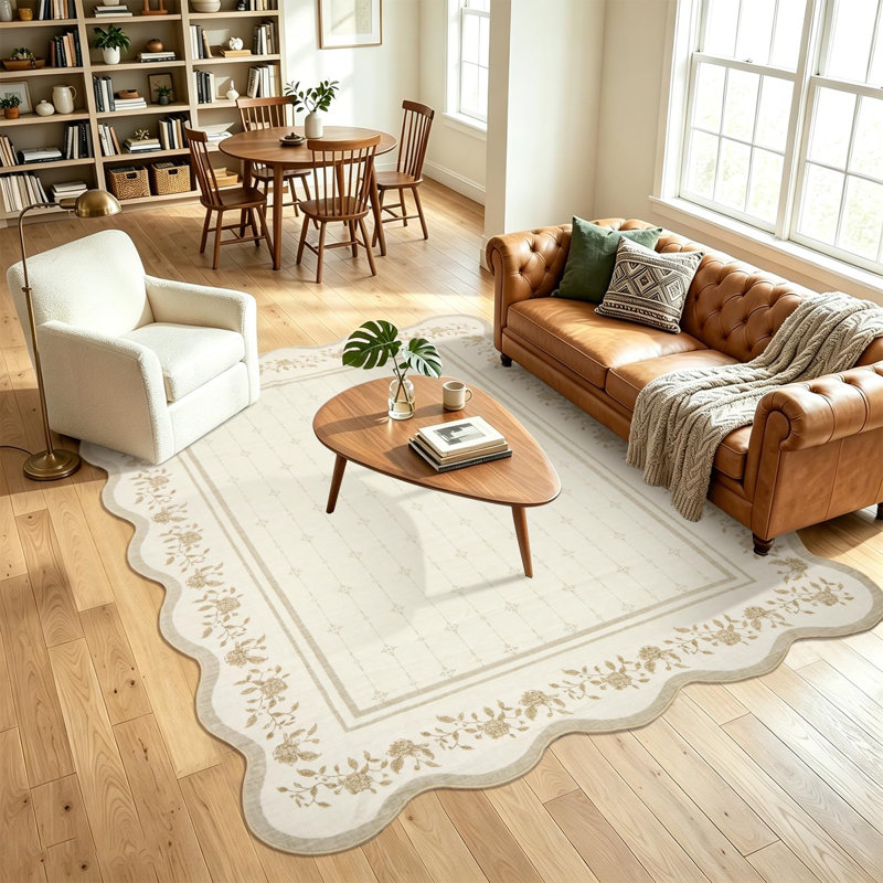 Tapis festonné lavable, tapis de salon, revêtement de sol, tapis d'appoint moderne à bordure, Ivory, 8*10