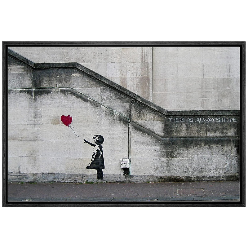 Banksy, il y a toujours de l'espoir, fille avec ballon sur toile, H 24 po x l 36 po, Reproduction avec cadre flottant, Noir
