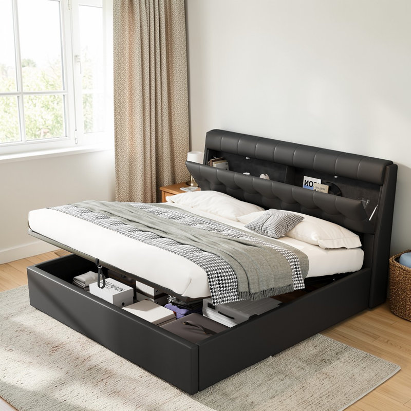 Bakki PU Upholstered Hydraulic Bed With Concealed Headboard Storage, Bed Box Storage, Black, Kingsize (5')