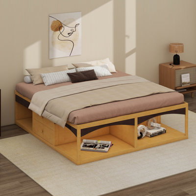 Cadre de lit adapté aux animaux de compagnie, lit plateforme sans tête de lit, avec tiroirs de rangement, conception adaptée aux animaux de compagnie, très grand lit