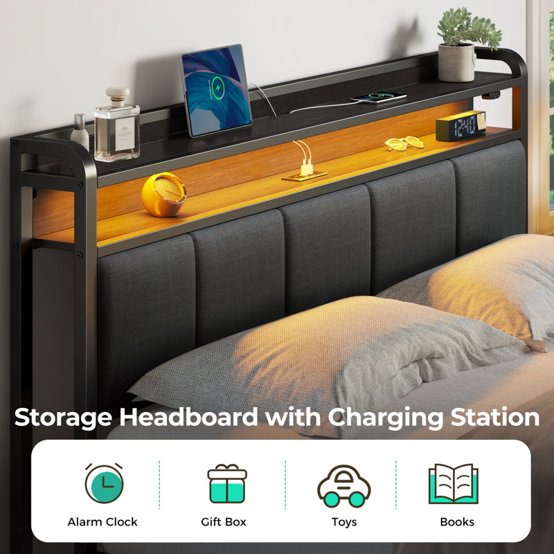 Franzi Bed with Storage Headboard, Bed Frame with 4 Storage Drawers, Charging Station and RGB  LED Lights