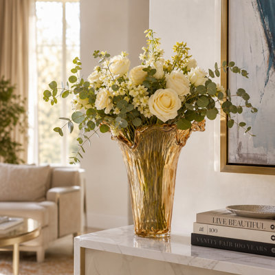 Decorative Flared Glass Vase with Wavy Rim for Home Tabletop Decor - Tall Flower Vase Accent for Office, Table Display, or Living Room Styling