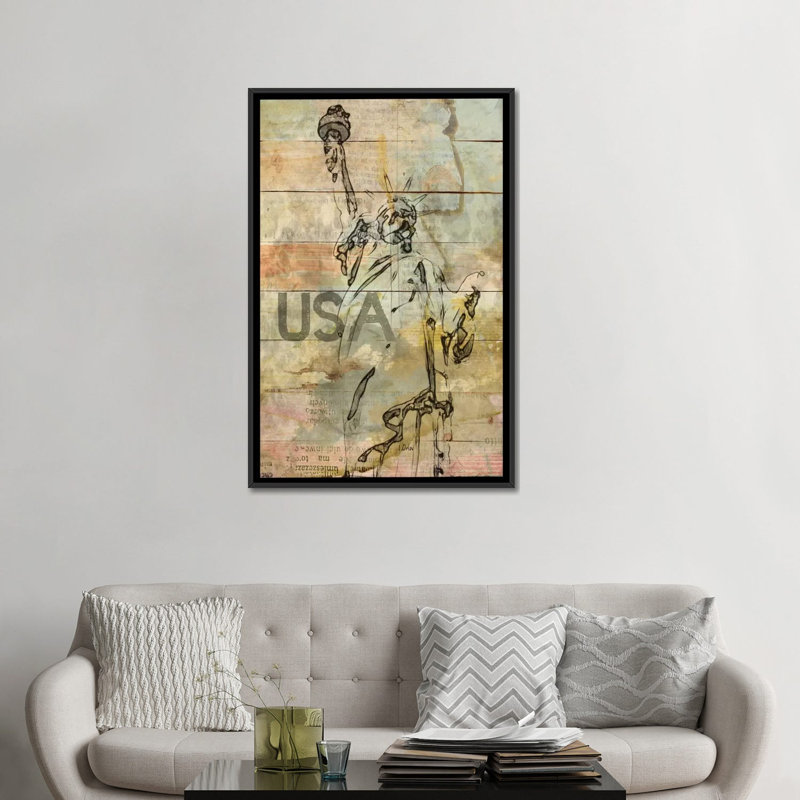 Lady Liberty, impression sur toile tendue, H 48 po x l 32 po x P 1,5 po, Toile avec cadre noir, Pas de tapis