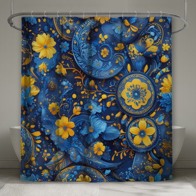 Blue Yellow Floral Motif Shower Curtains Extra Long