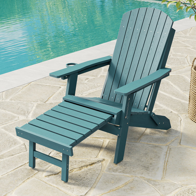 Folding Adirondack Chair with Retractable Ottoman & Cup Holder, 3-Position Adjustable for Patio, All-Weather Outdoor Seating