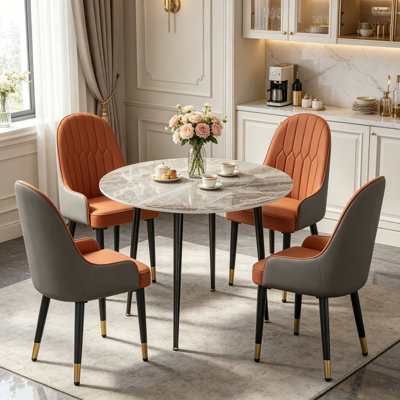 Round Dining Table And 4 Chairs Set, 5pcs Dining Room Sets For Restaurant Kitchen Office, 2-4 Seaters Marble Table And Light Khaki Microfiber Silicone Leather Kitchen Chairs Set Of 4
