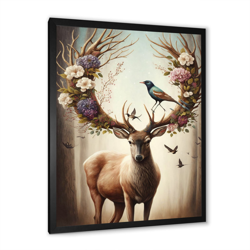 «Deer With Blooming Antler I», impression sur toile encadrée, H 20 po x l 12 po, Cadre photo noir
