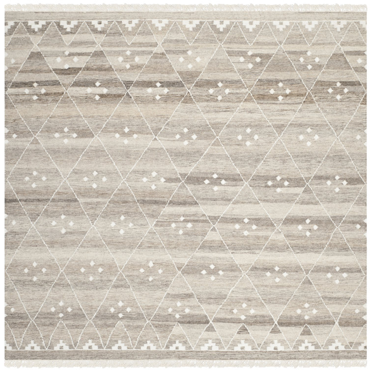 Natural Kilim Hand Woven Wool/Viscose/Cotton Geometric Rug in Natural Beige/Ivory