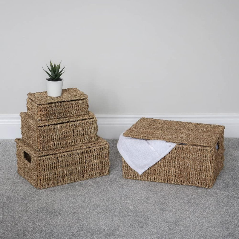 MantraRaj Stackable Seagrass 4 Piece General Basket Set Rectangular Lidded Storage Baskets