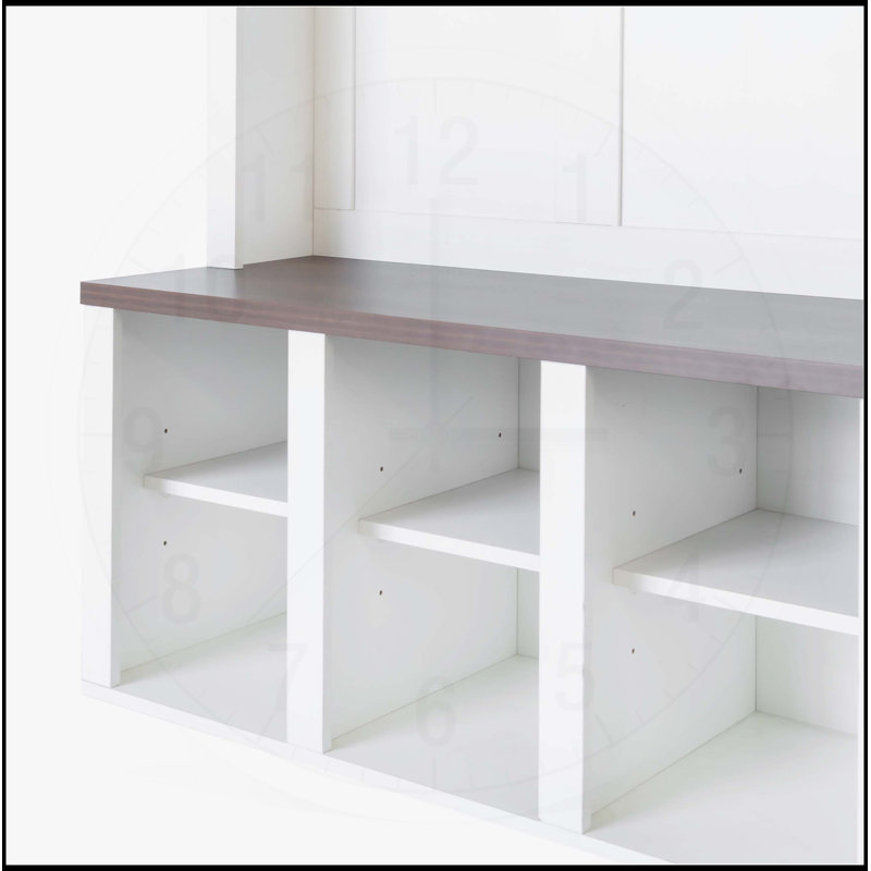 Farmhouse Wooden Style Hall Tree with 6 Hooks, Practical Walnut Storage Bench, and 13 Cubbies for Entryway Organization