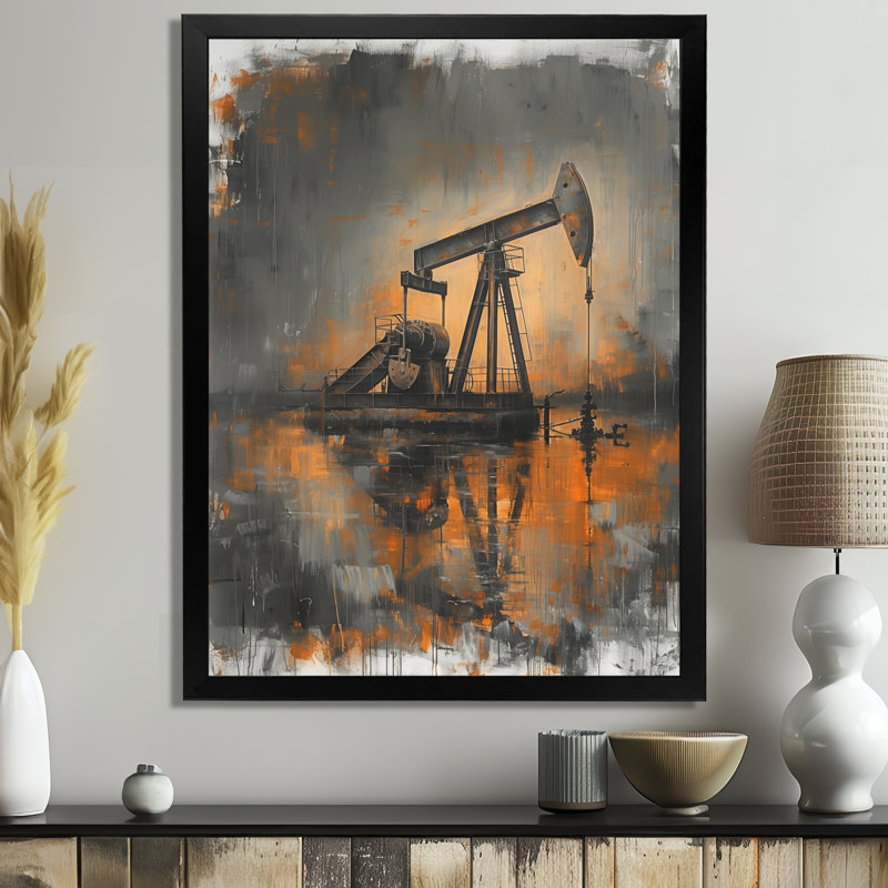 «Grey Orange Winter Oil Fields Powing Iron» - Reproduction d'art mural, H 12 po x l 20 po x P 1 po
