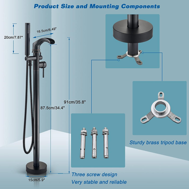 Floor Mount Freestanding Tub Filler Double Handle Waterfall Bathtub Faucet with Hand Shower & Diverter, Oil Rubber Bronze