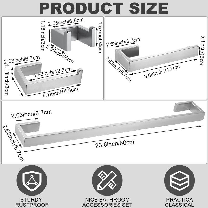 Élégant ensemble de quincaillerie de salle de bain en acier inoxydable argenté - Conception moderne avec fabrication de qualité pour une installation facile à visser