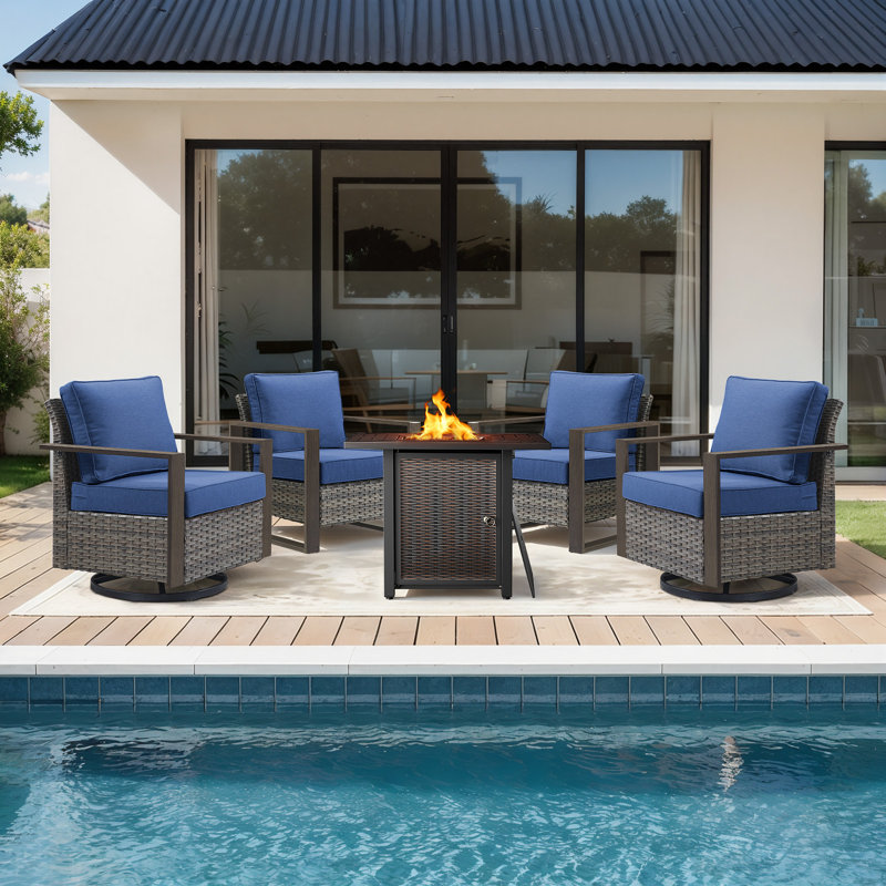 Drazen 4 - Person Patio Furniture Set With Fire Pit Table, All-Weather Wicker Outdoor Conversation Set With Chair And Thick Cushions