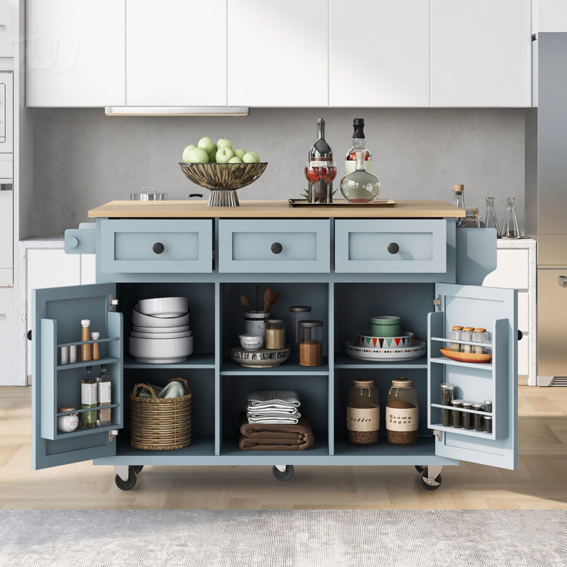 Kitchen Cart With Rubber Wood Drop-Leaf Countertop ,Cabinet Door Internal Storage Racks,Kitchen Island On 5 Wheels With Storage Cabinet And 3 Drawers, Kitchen Island