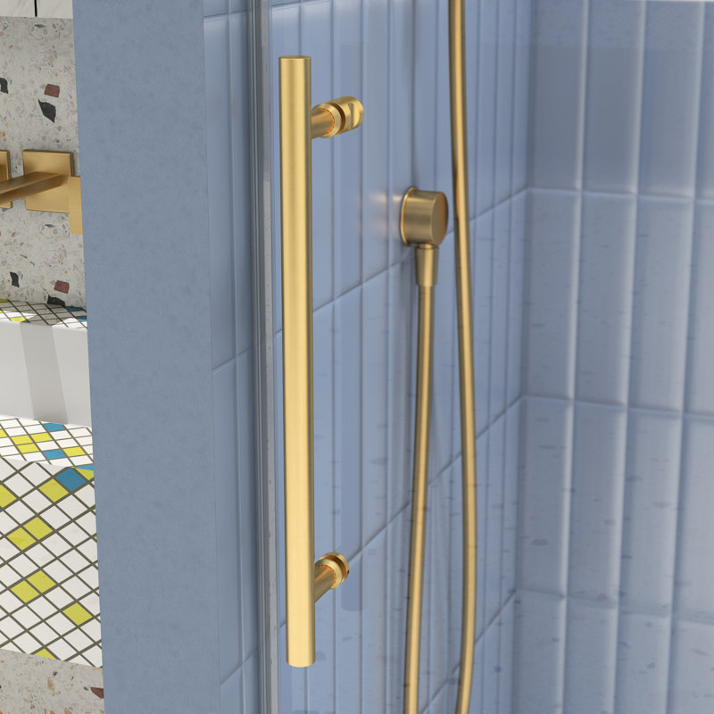 Porte de douche coulissante avec verre trempé 5/16 po - or brossé, douceur, verre doré 56-60 po x 74 po, poignée en acier inoxydable 8 po