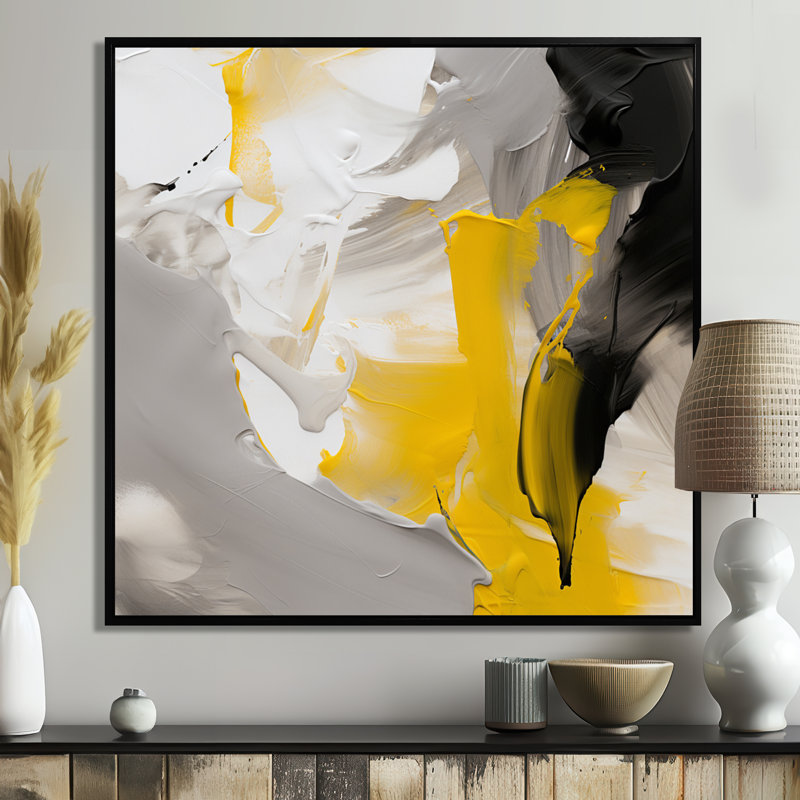 Fragments de sentiment jaune et gris I - art mural abstrait, salon, Cadre flottant noir, H 36 po x l 36 po x P 1,5 po