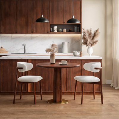 2-Person Round Dining Table with Brass Pedestal Base, Wood-Tone Brown Solid Wood Top, 80cm Small Space Table