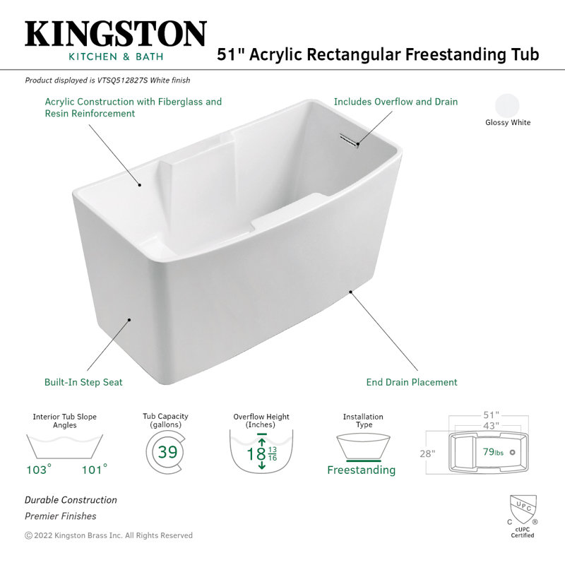 Kingston Brass Aqua Eden 51-Inch Acrylic Rectangular Double Slipper Freestanding Tub with Drain and Integrated Seat