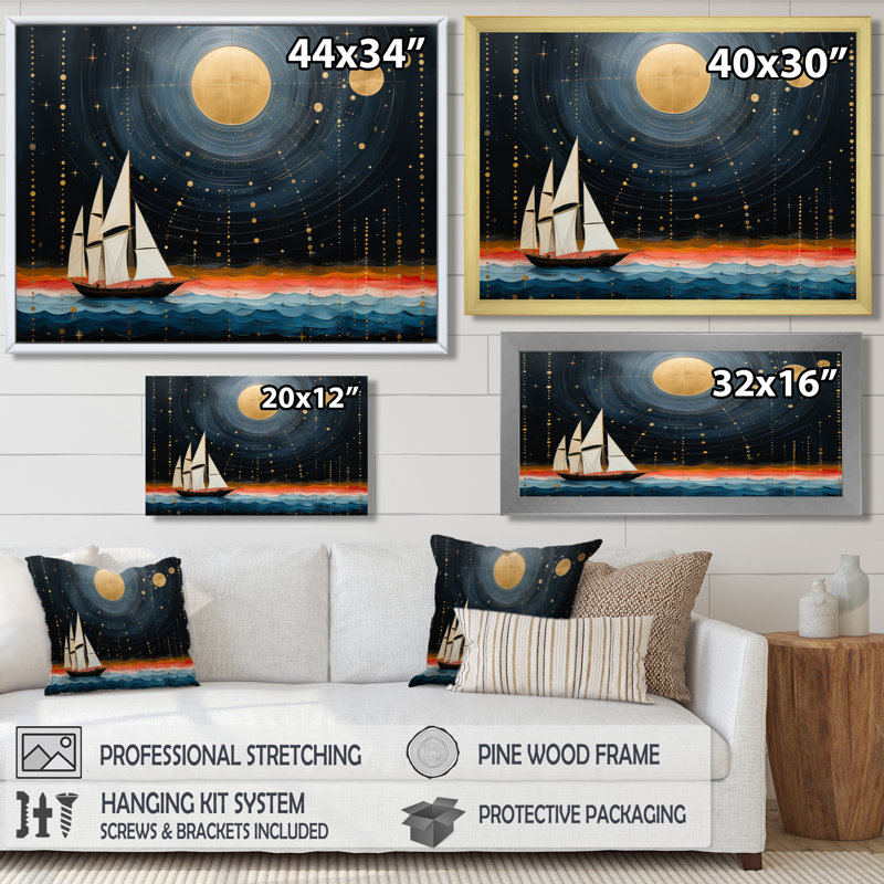 Voilier guidé par Dieu, pleine lune, océan, tranquillité - paysage abstrait, art mural, H 12 po x l 20 po x P 1 po