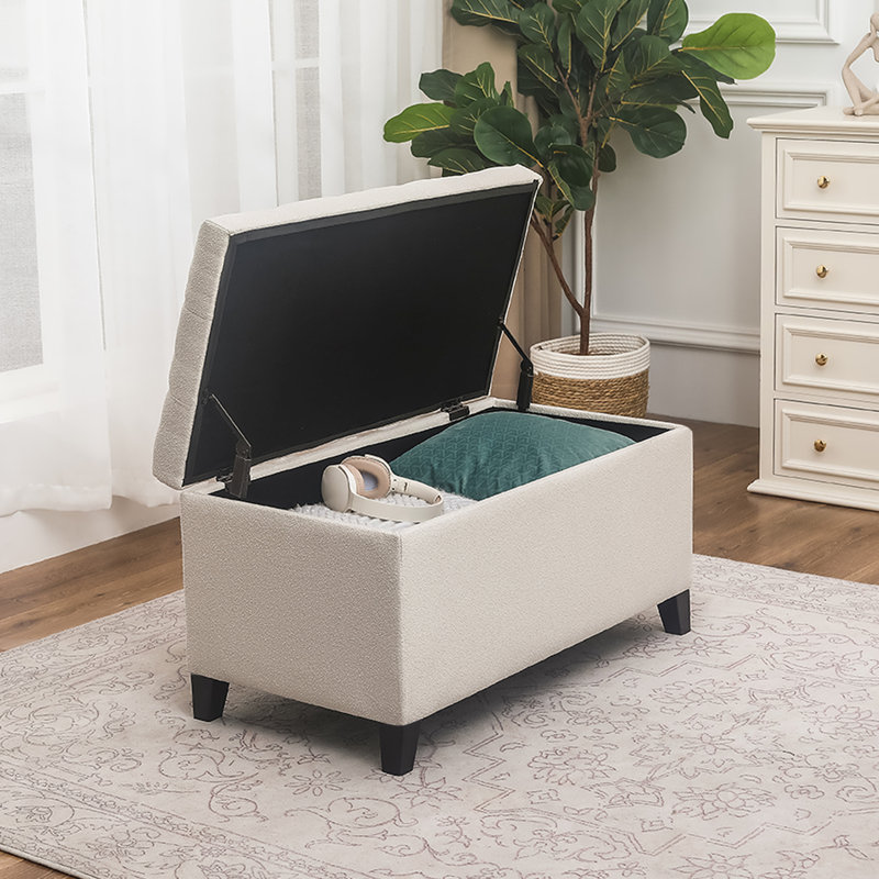 33 Inches Upholstered Storage Ottoman Bench, Beige