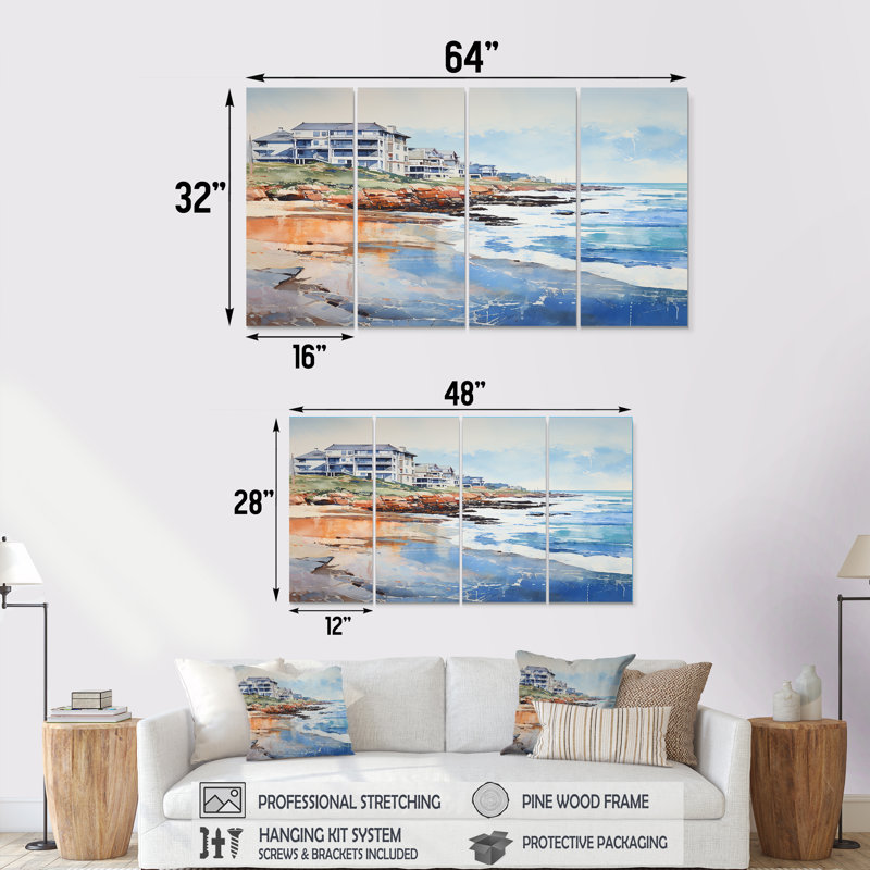 «White Beach Mansion Quiet Summer Waves - Art mural sur toile plage et océan 4 pièces, H 32 po x l 64 po