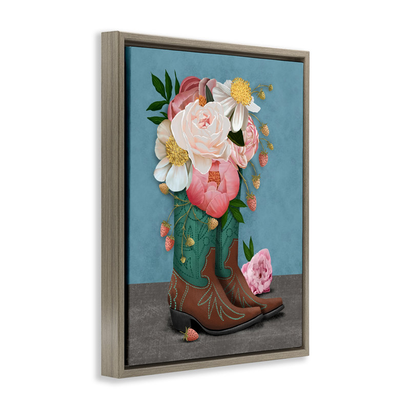 Cadre flottant Western bottes et pivoines, design par Jilly Jack Designs, Cadre flottant orme Montalcino, H 21 po x l 17 po