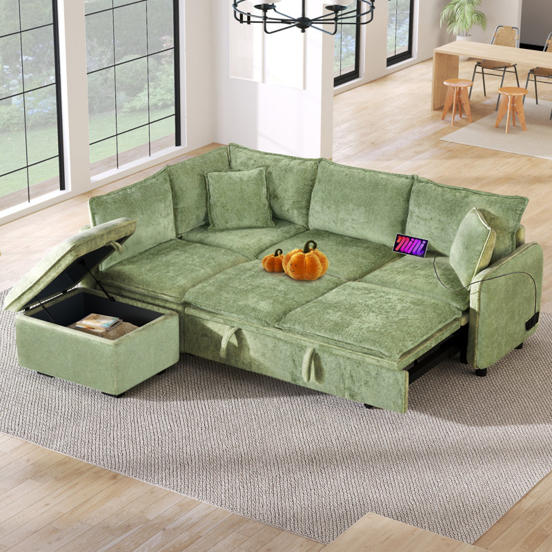 Canapé-lit modulaire convertible en L 82,67 po avec repose-pieds et rangement, Chenille verte