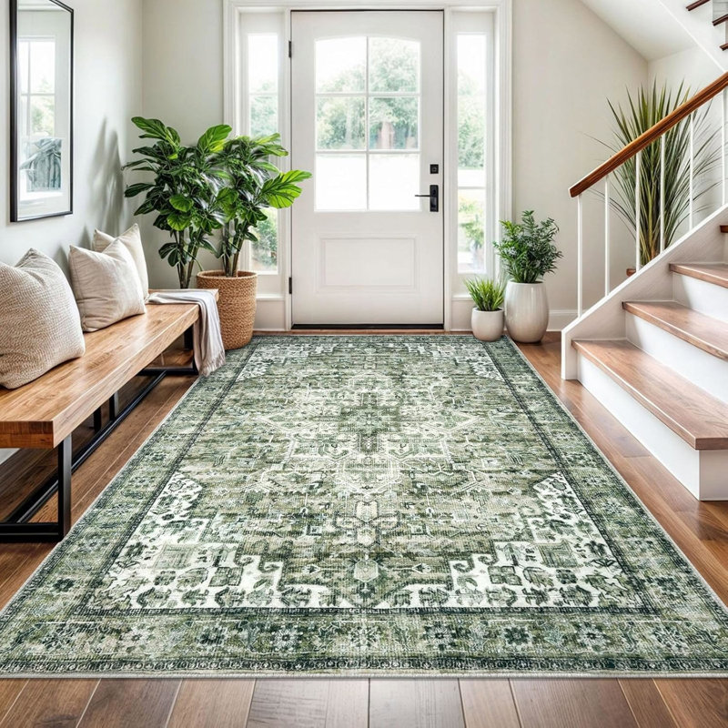 Washable Oriental  Area Rugs Non slip Green Rugs, Runner 4' x 6'