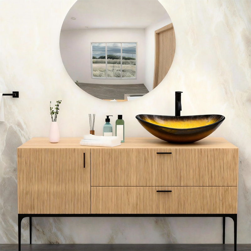 Lavabo vasque de salle de bain artistique, verre trempé doré avec bonde escamotable, lavabos à intégration parfaite, surface de lavage de lavabo 20,88 x 14,1 5,84 pouces,