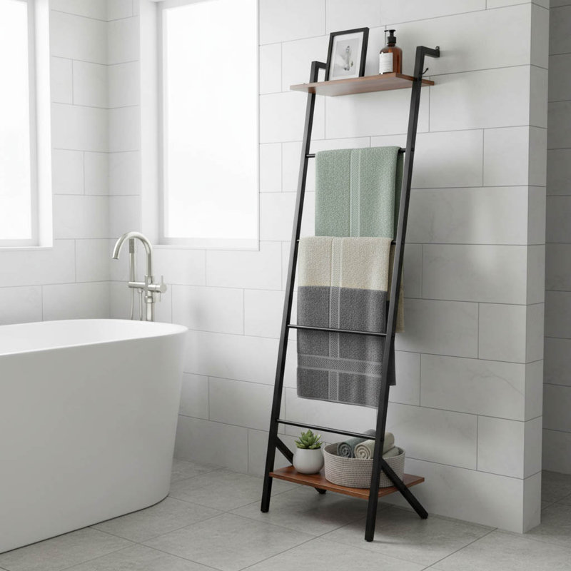5-Tier Metal Blanket Ladder With Shelves & Hooks