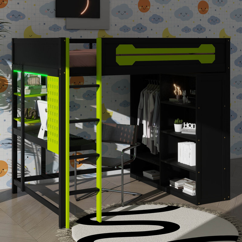 Lit mezzanine double avec bureau et garde-robe ouvert, lit mezzanine en bois avec espaces de rangement et éclairage RVB, Vert