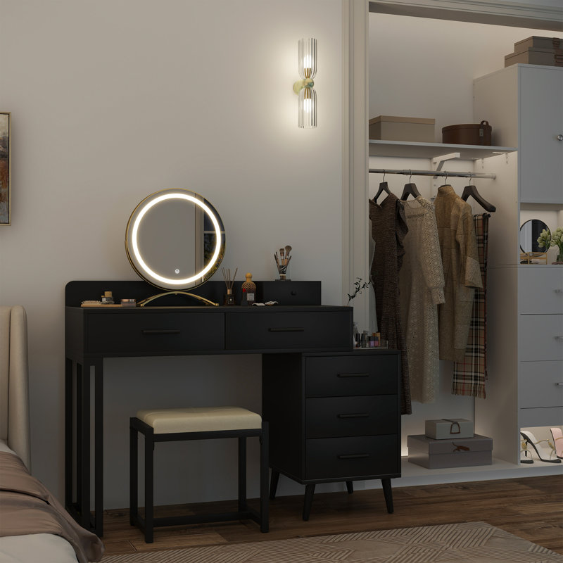 Grosmark Makeup Vanity Desk with Stool and LED Mirror, Black