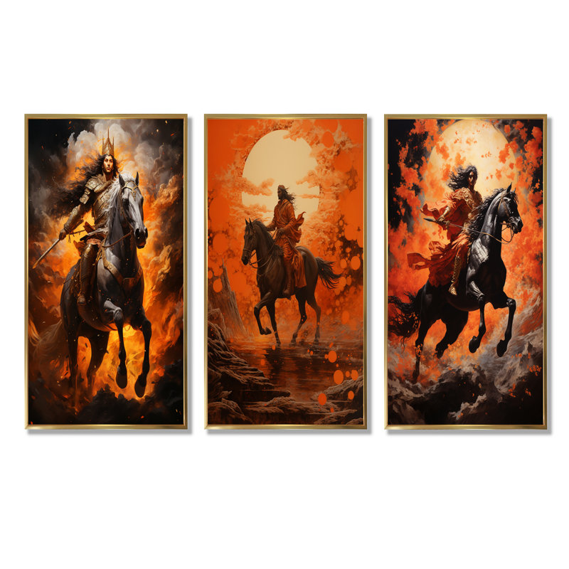 Hindouisme Suryas Dawn orange - ensemble de 4 décorations murales de l'hindouisme, Cadre flottant doré, H 28 po x l 36 po