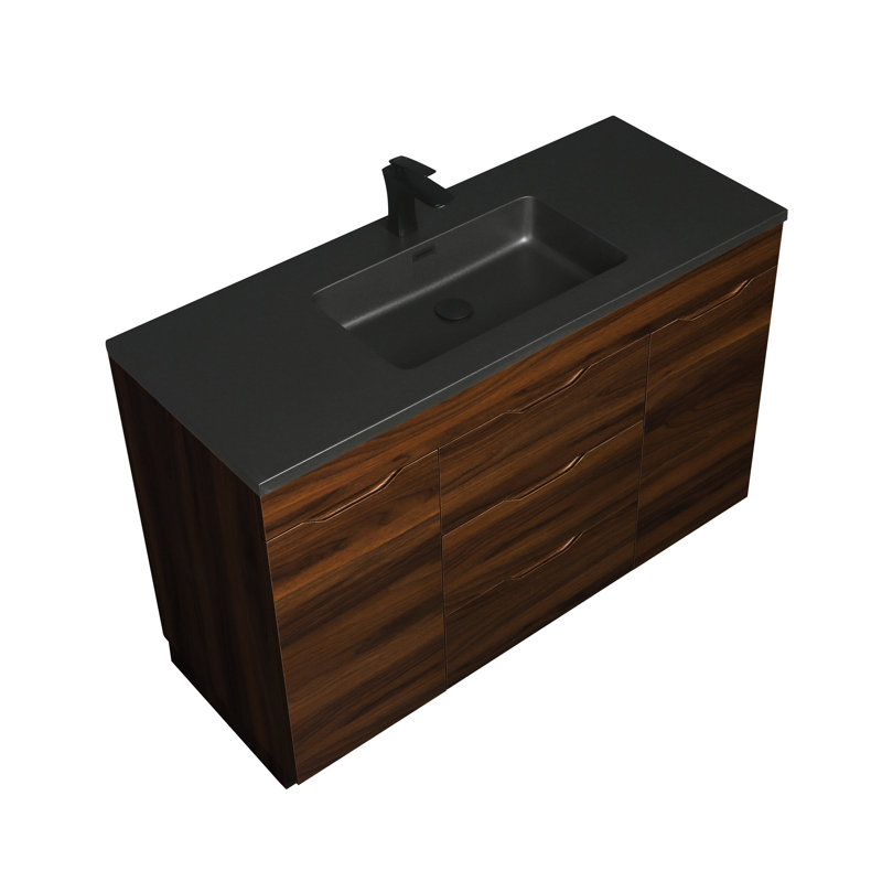 Ensemble de meuble-lavabo autoportant en noyer 48 po avec comptoir en quartz noir Ashby