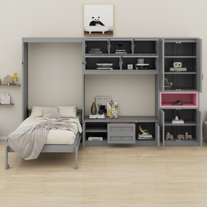Lit escamotable simple en bois avec meuble télé, 2 tiroirs, tablettes intégrées et armoires, Gris