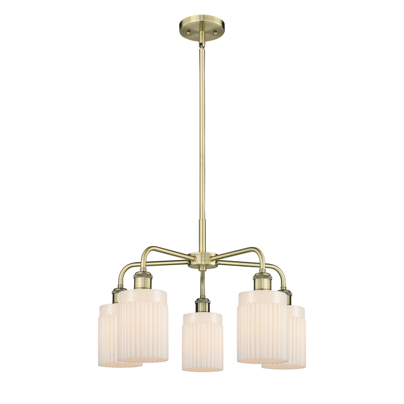 Lustre cylindrique à 5 lumières en acier à intensité variable Neco, Blanc mat, Laiton antique