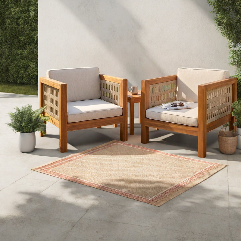 Ensemble de 2 chaises longues de patio moderne, bois d'acacia, corde beige pour patio