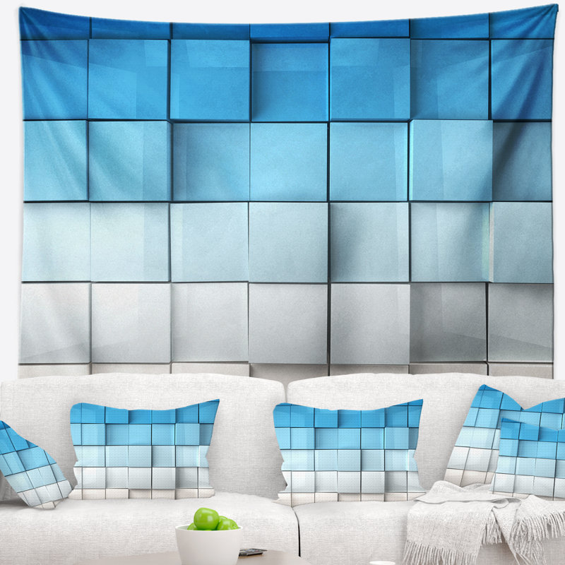 Tapisserie de cubes de mosaïque bleue et blanche, H 50 po x l 60 po
