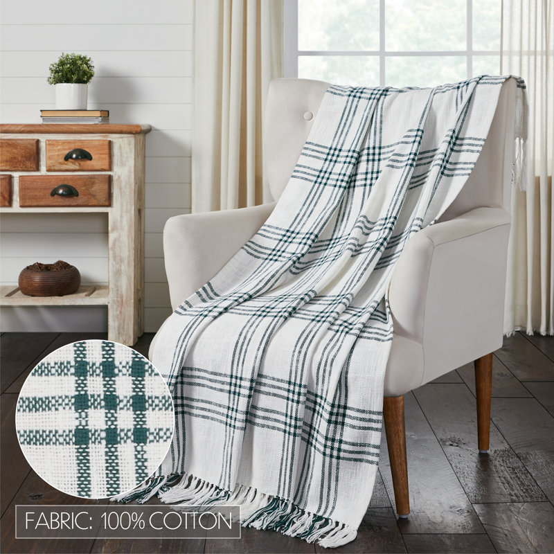 Pine Green and White Cotton Plaid Throw Blanket with Tassels